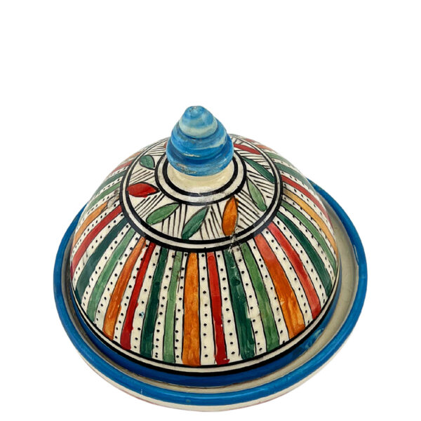 Petits tajines marocains artisanaux en céramique, parfaits pour épices et condiments, avec motifs traditionnels personnalisables.